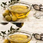 olive oil being poured into glass dish next to green olives