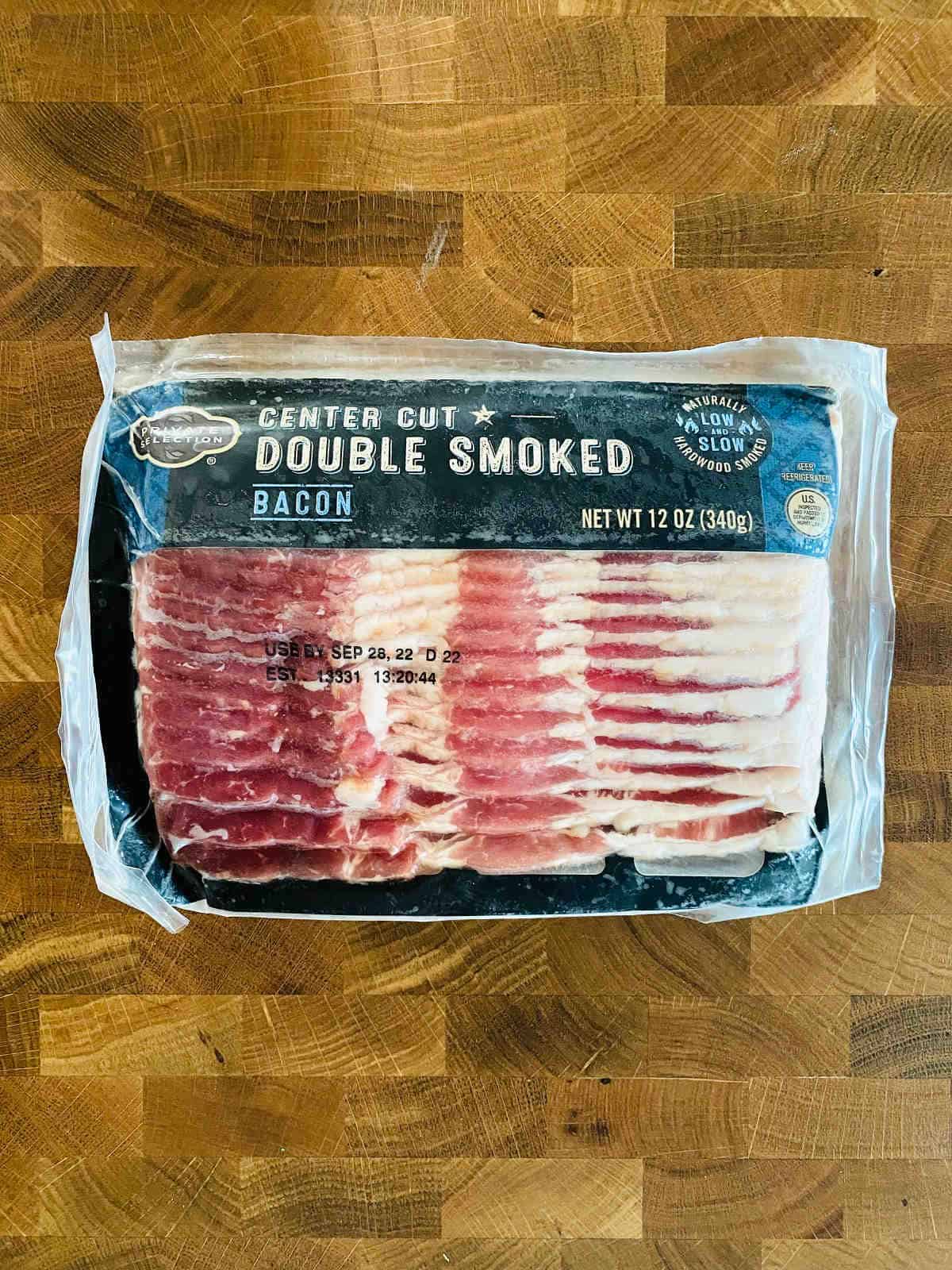 package of center cut double smoked frozen bacon