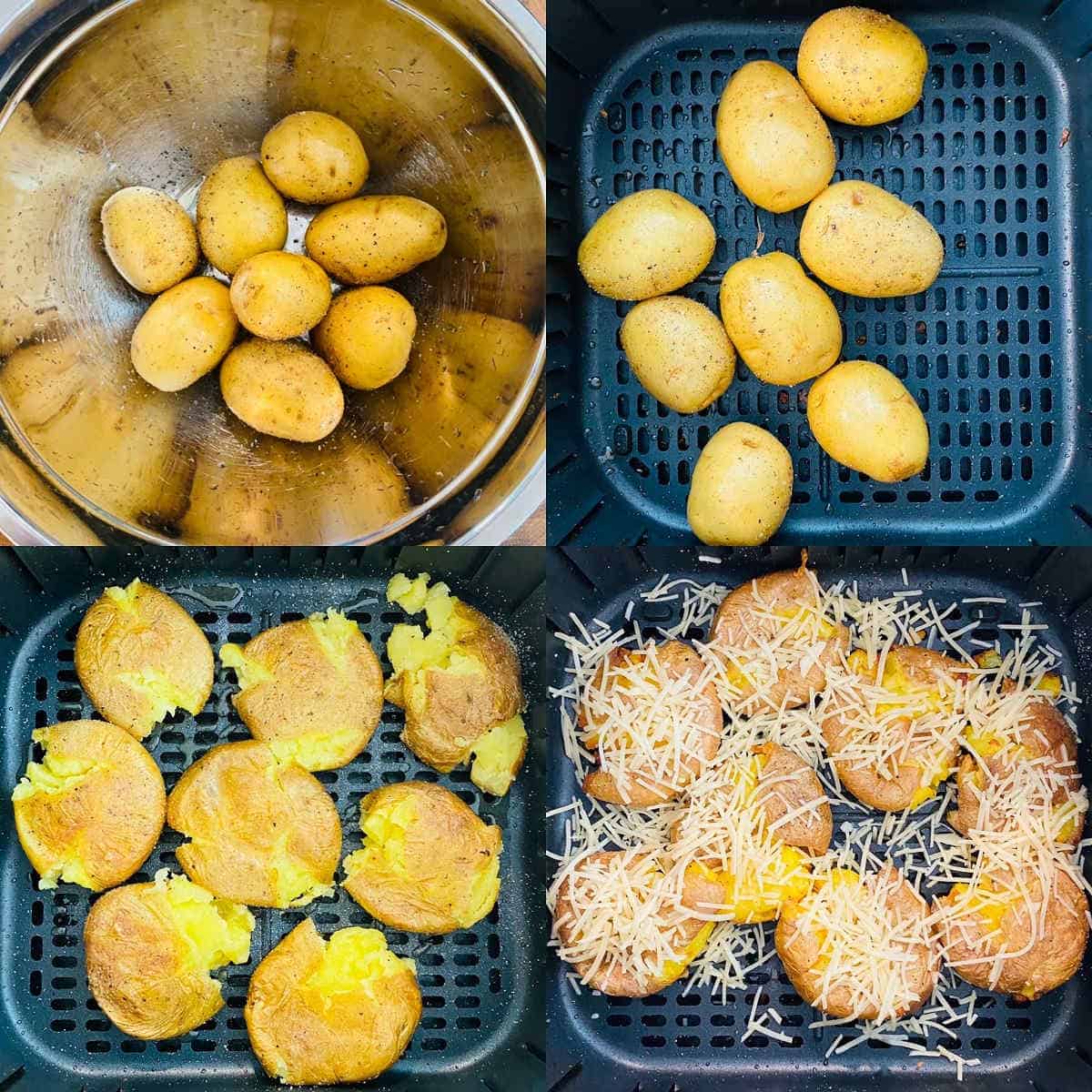 process shots to make smashed potatoes in air fryer